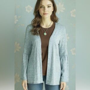 Honey Peace Women's Bell Sleeve Soft Aqua Blue Open Cardigan Sweater Size Medium